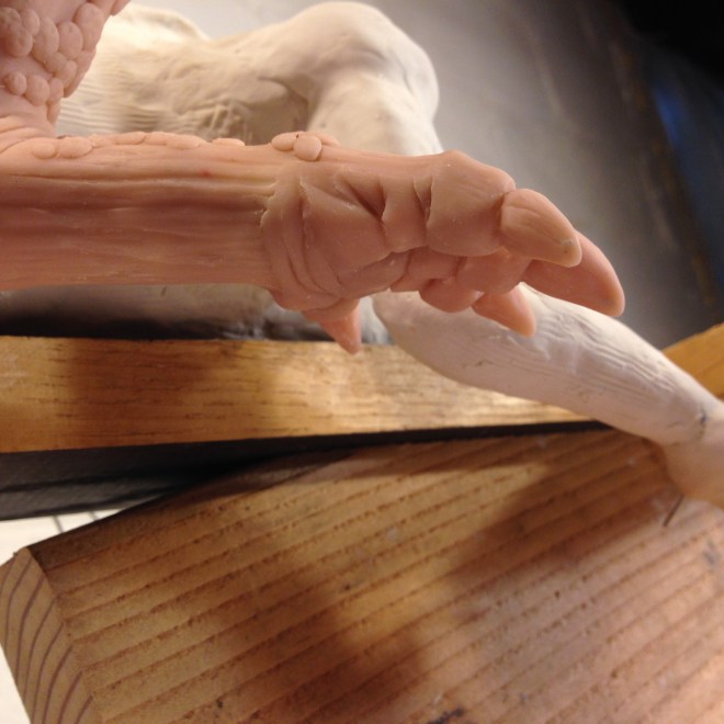 close up of underside of gnarly dragon foot, with wrinkly skin texture and claws