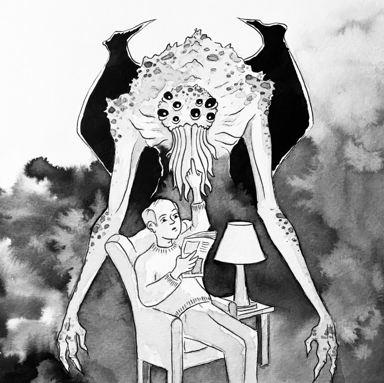 Lovecraft Cthulhu mythos monster gets shushed ink drawing by mrkessell
