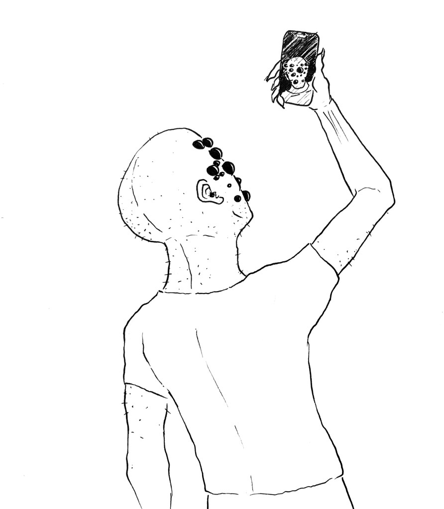 Alien man with many eyes takes a selfie with smart phone