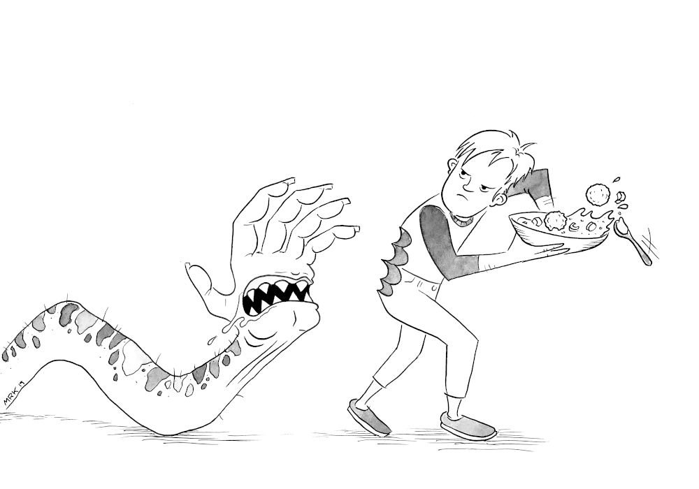 comic in which a cartoon boy angrily takes a bowl of matzo ball soup away from a monstrous hand with teeth