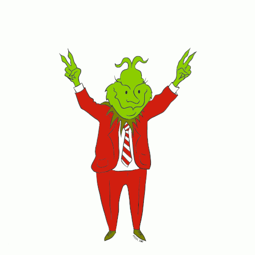 Animated gif of a caricature mashup of Richard Nixon and the Grinch who stole Christmas. Waving double peace signs with his hands and text that reads: I AM NOT A GRINCH.