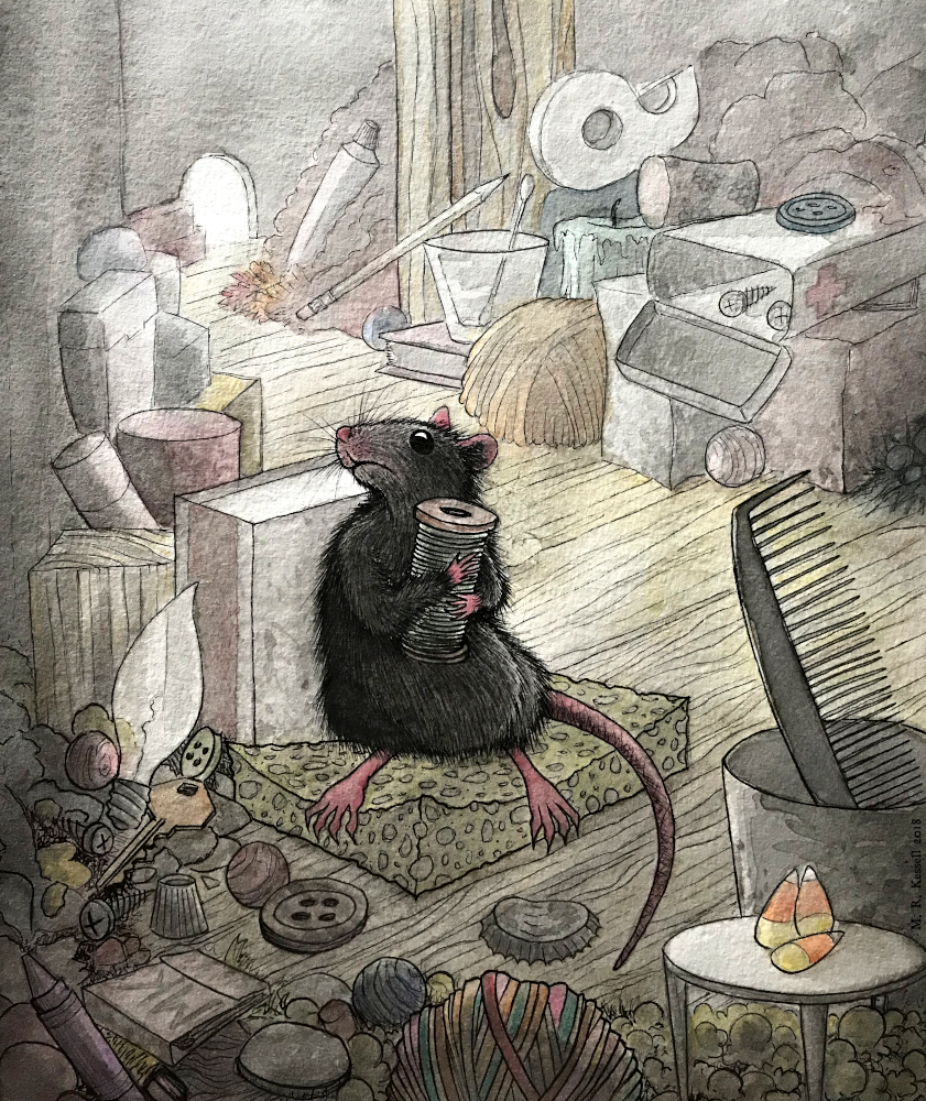 A rat protectively holds a spool of thread in his hideout full of junk