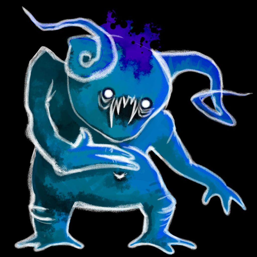 Blue monster with horns has a belly ache