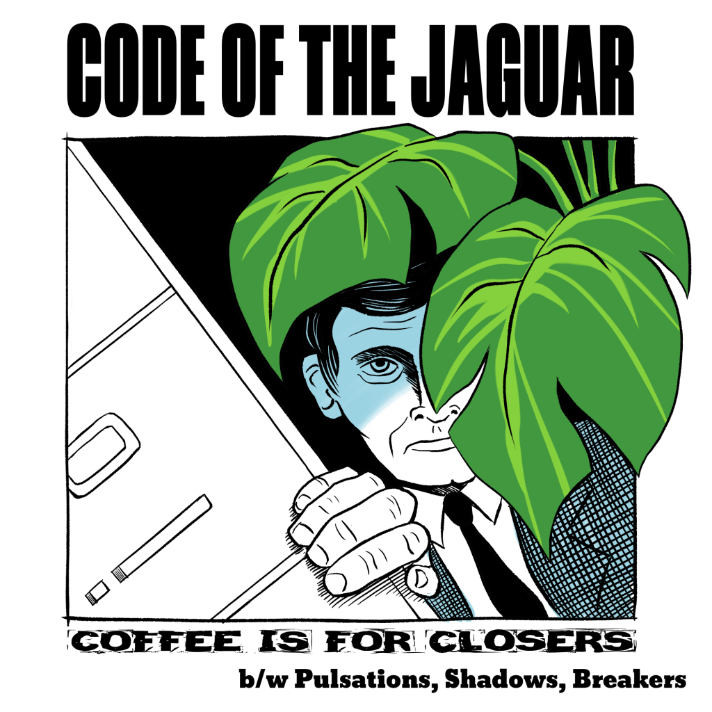 Illustration of a business man emerging from behind an office plant and a filing cabinet, he seems to be spying on someone.