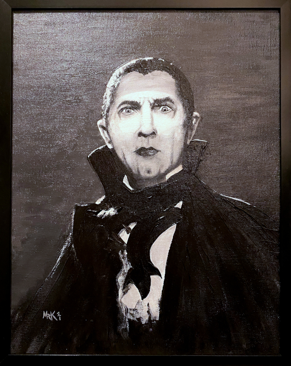 Black and white framed painting of Bela Lugosi as a vampire