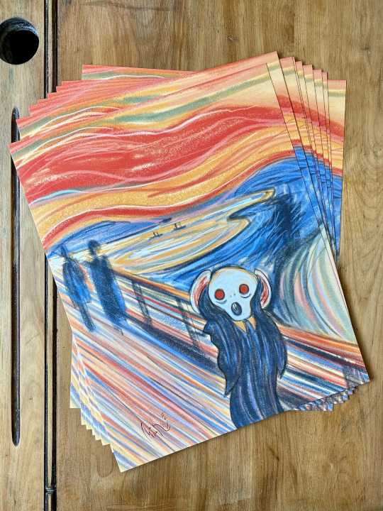 11X14 Art Prints of Batboy the comic character in an homage to Edvard Munch's The Scream. Colorful pencil art in red, orange, blue and white.