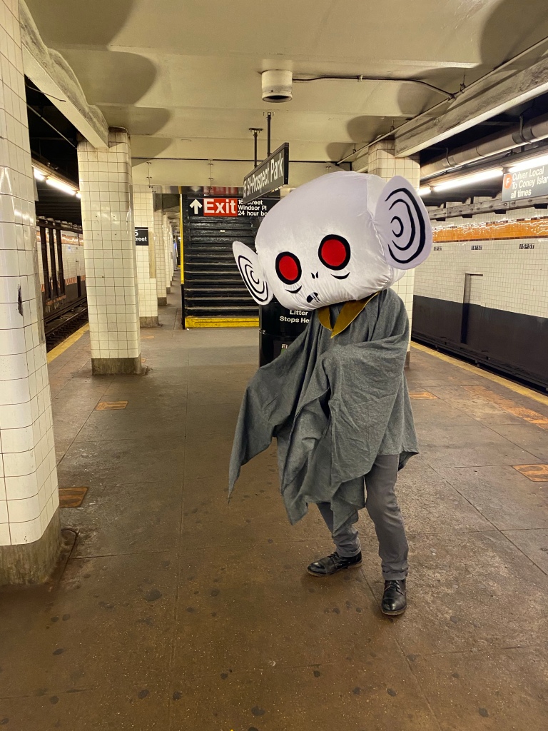 Batboy waiting for the NYC subway in Brooklyn