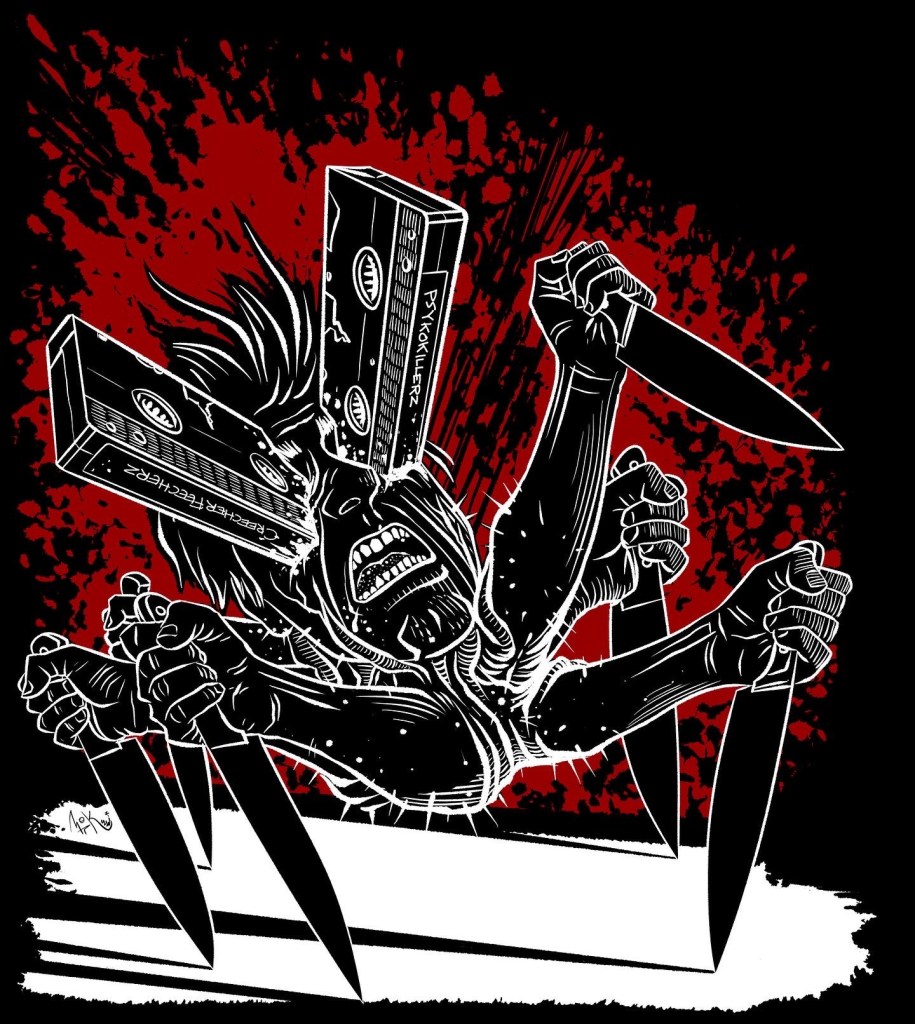 Human-headed mutant creature with six arms holding butcher knives, with VHS cassette tapes bursting from eye sockets with blood-splatter background. Illustration by M. R. Kessell