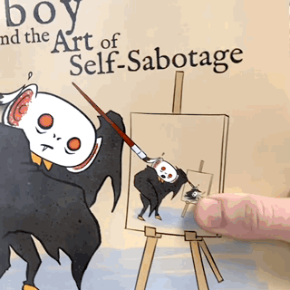 Batboy and the Art of Self-Sabotage book by M. R. Kessell used comically to chop a carrot