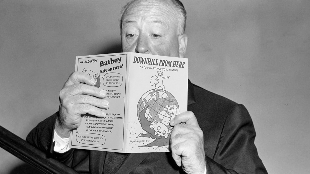 Rare behind-the-scenes photo of Alfred Hitchcock reading Downhill From Here: A low Budget Batboy adventure