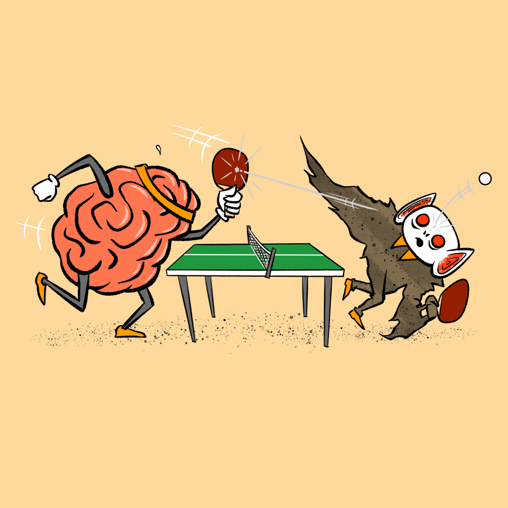 BATBOY COMICALLY PLAYS PING PONG WITH HIS BRAIN AS AN OPPONENT. HIS BRAIN BOUNCES A BALL OFF BATBOY'S FOREHEAD.