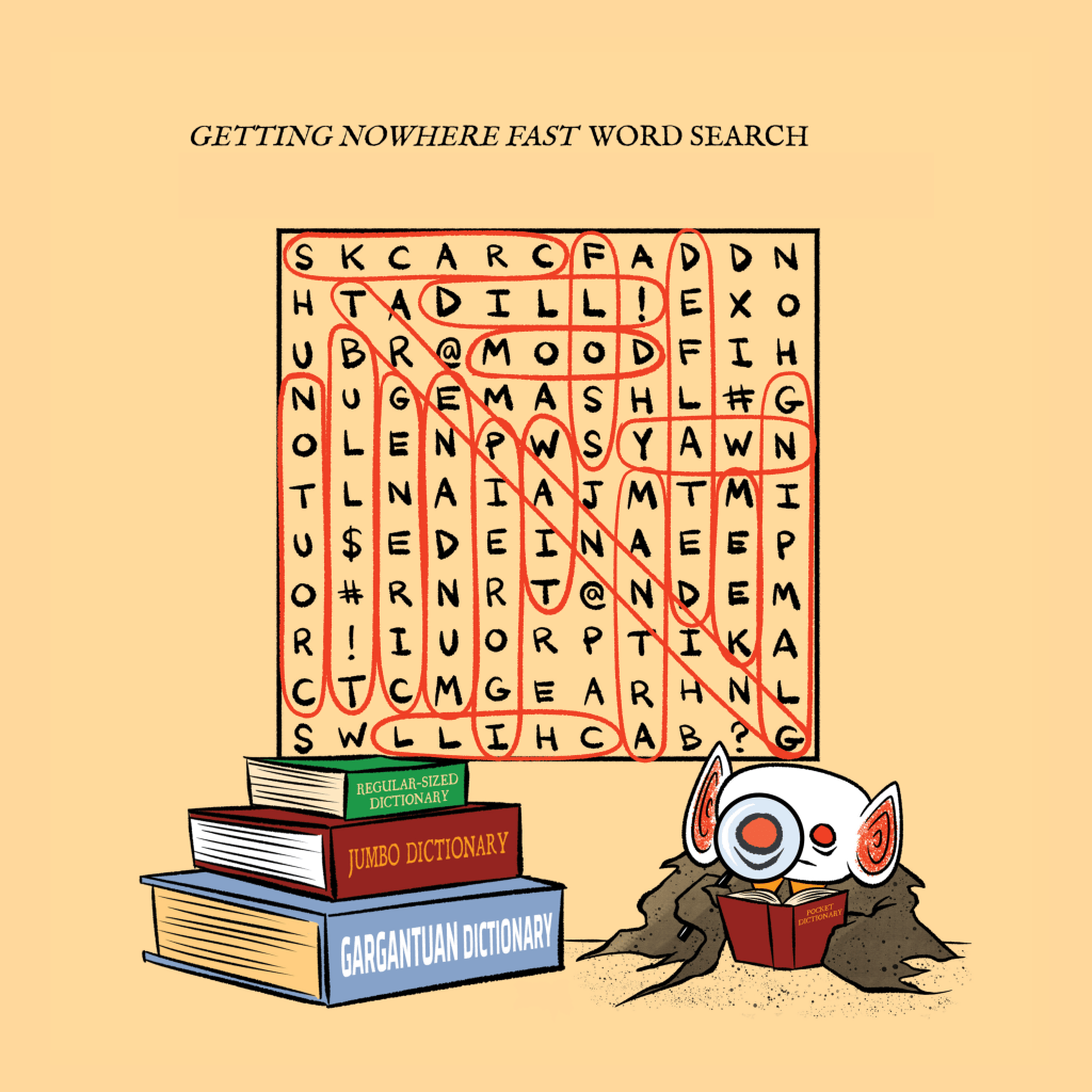 BATBOY READING A POCKET DICTIONARY WITH A MAGNIFYING GLASS