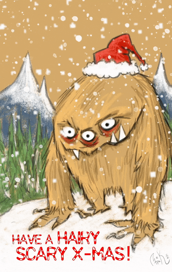 Hairy Cartoon Monster in Santa hat with snowy landscape background with text "Have a Hairy, Scary X-Mas!" animated gif