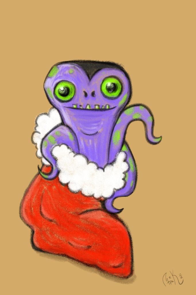 pencil illustration of cartoon creepy cute purple alien monster with tentacles emerging from a red Christmas stocking - by M. R. Kessell