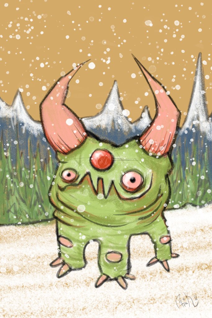 A green, three-legged monster with a red rudolph nose stands in a snowy, mountainous landscape