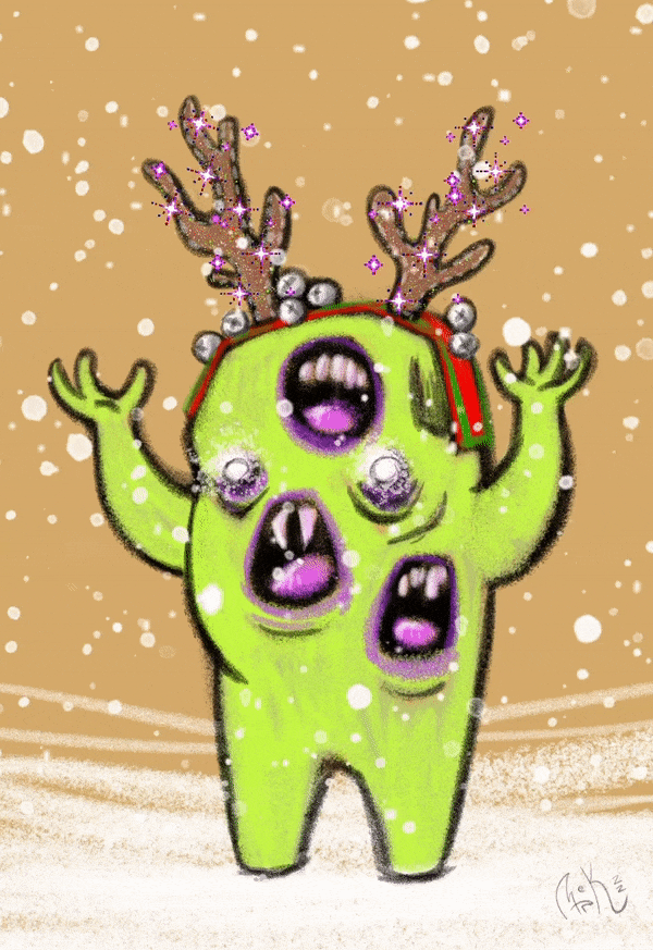 GREEN MONSTER WITH THREE MOUTHS SINGS LOUD WITH FAKE SPARKLY REINDEER ANTLERS IN THE SNOW