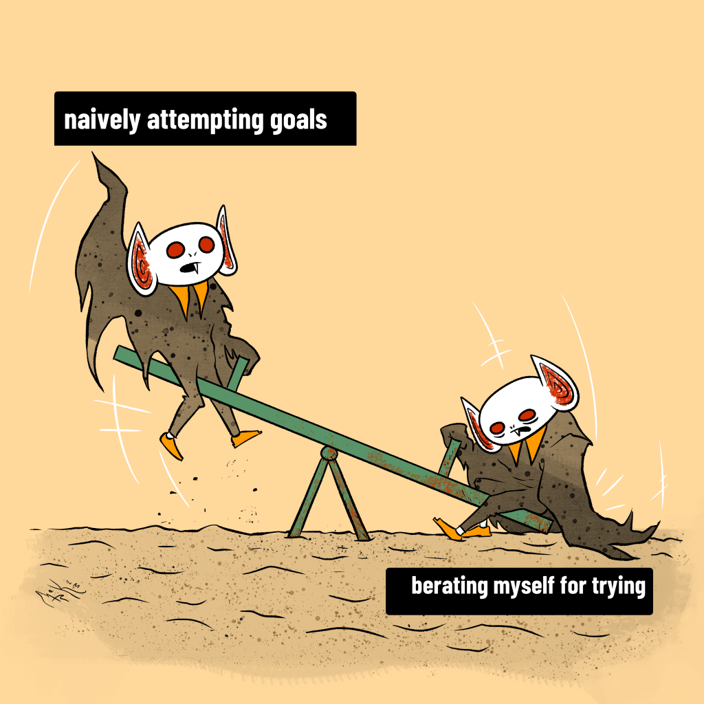Two Batboys ride a seesaw, one is up and having fun with a meme caption that says: "naively attempting goals" the other one is down and looking depressed with a meme caption that reads: "berating myself for trying."