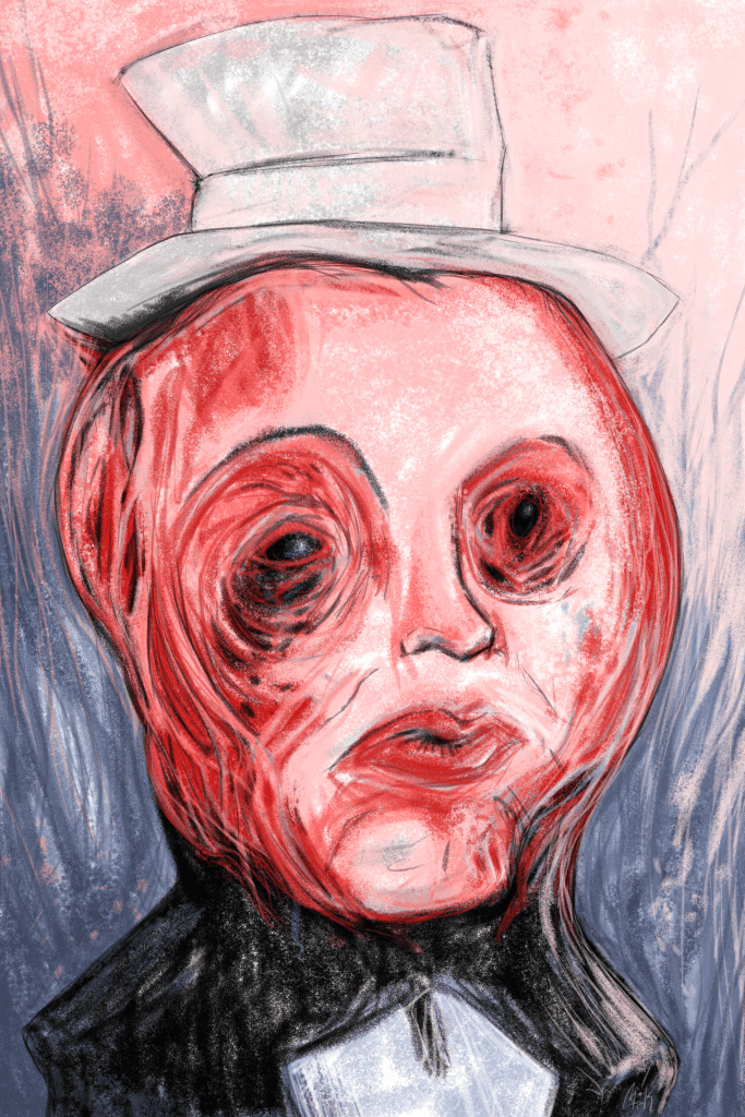 pencil drawing of a man in a white hat, homage to soutine by m. r. kessell