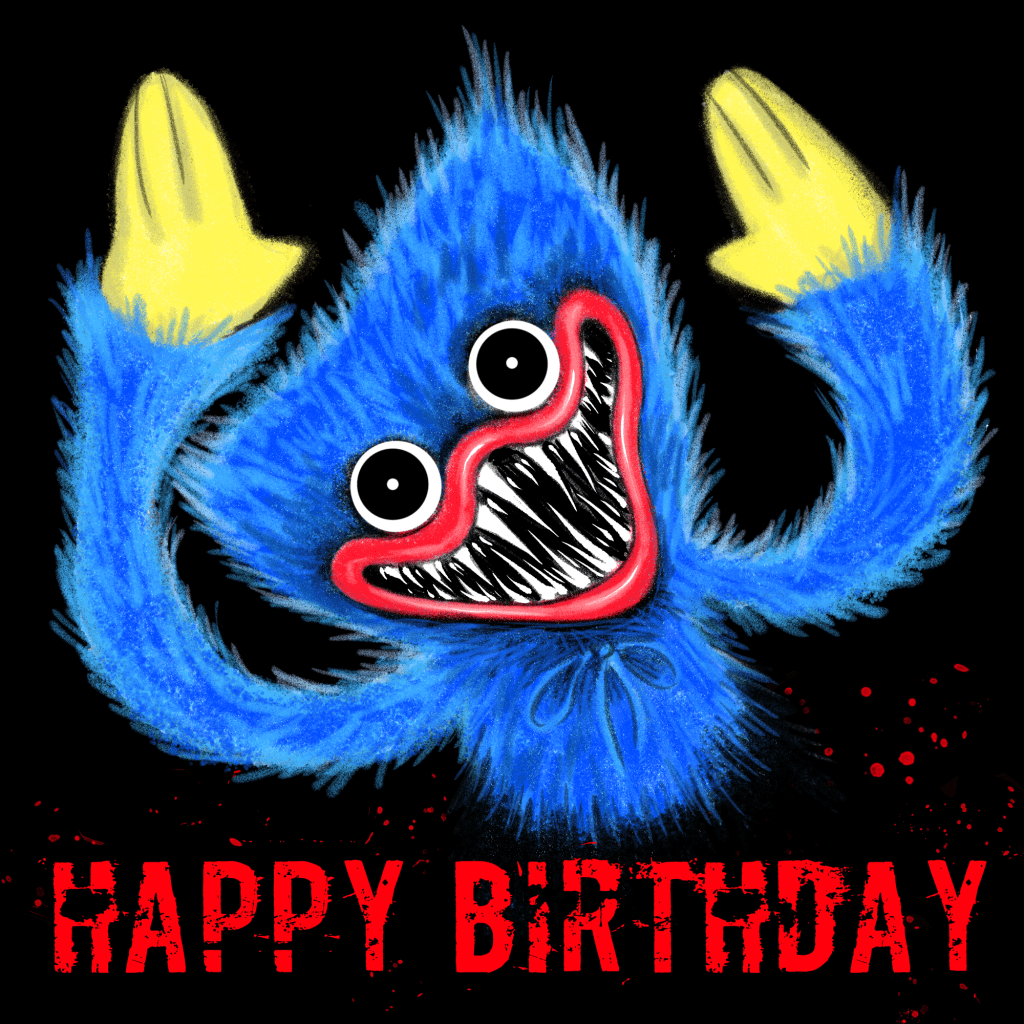A furry blue plush horror muppet called Poppy approaches the viewer with sharp teeth and crazy eyes. Text reads: Happy Birthday