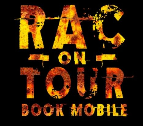 reddish orange rusty text of the words "Rac-On-Tour Book Mobile"