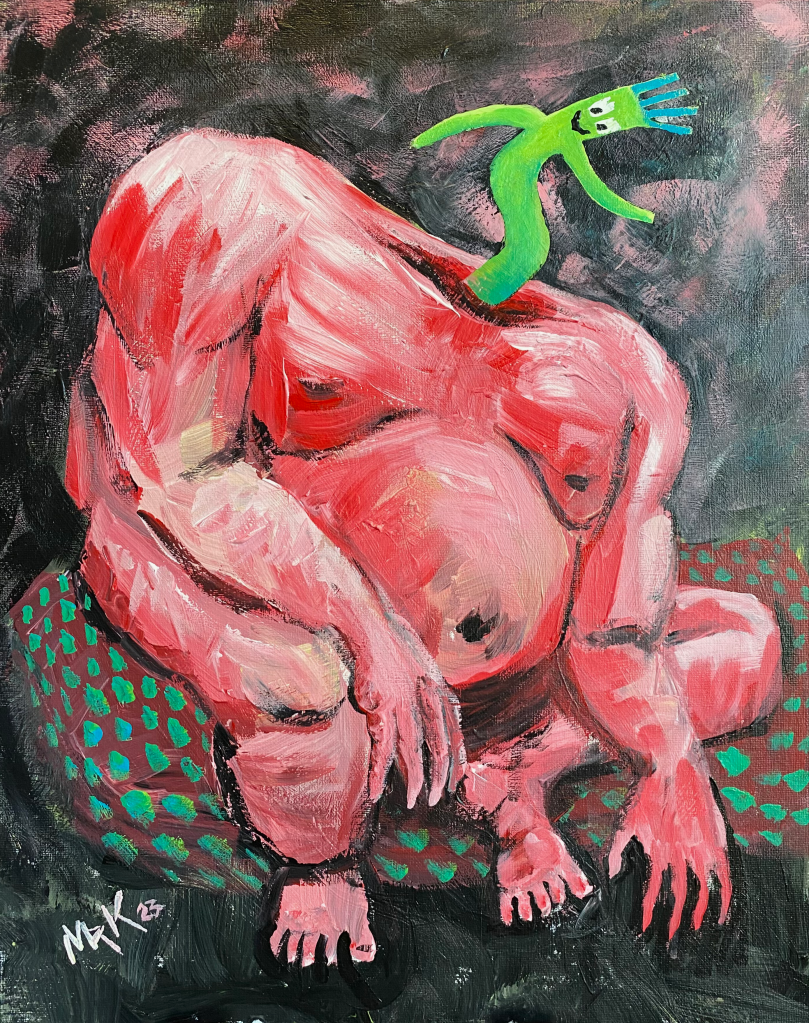 painting of a nude husky man, sitting on a cushion, with a head that is a green inflatable noodle man