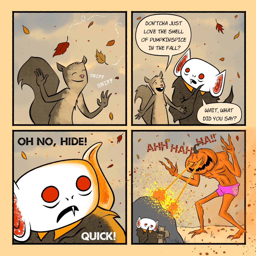 batboy and merle love the smell of pumpkin spice in the fall before realizing they are in the path of the dreaded pumpkin-headed demon of revenge