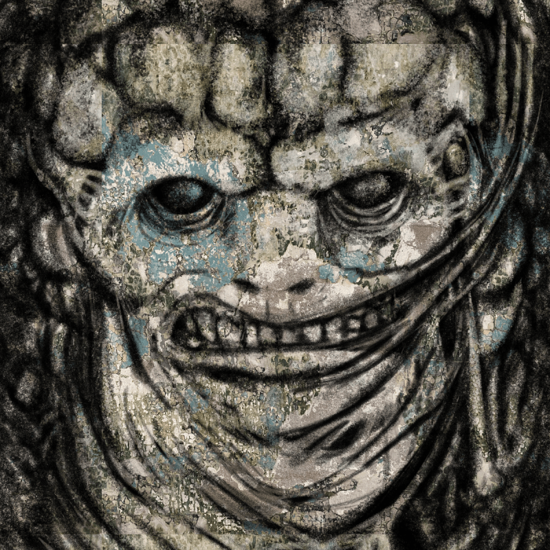 a pencil illustration of a demon grinning superimposed on a photo of crackling paint from Edgar Allan Poe's Philadelphia house