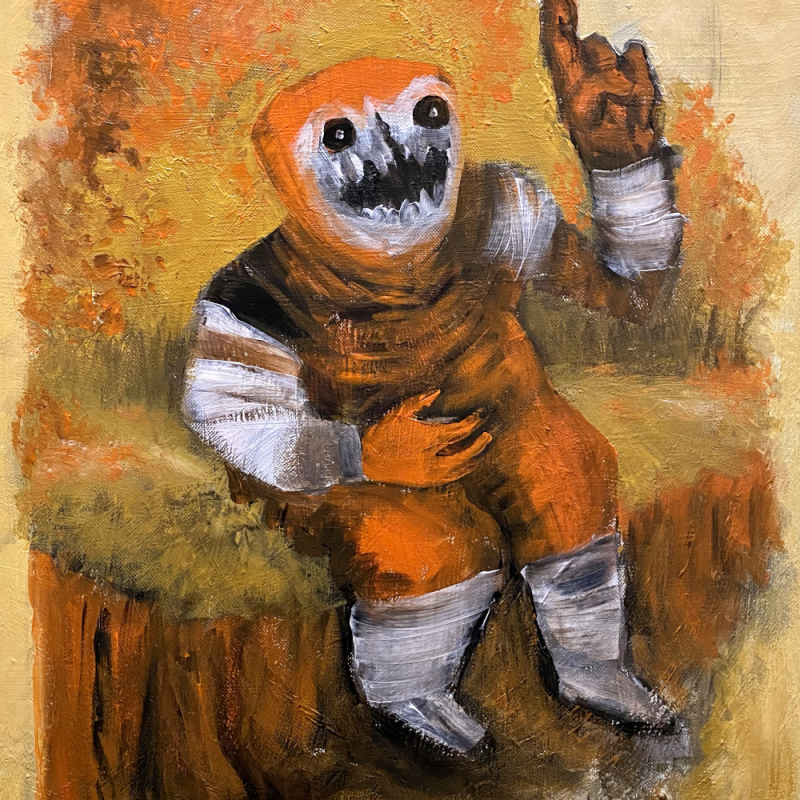 A spirit of autumn, with an orange and white jack-o'-lantern head sits in an orange, yellow, brown wooded patch, grinning as if telling a story.