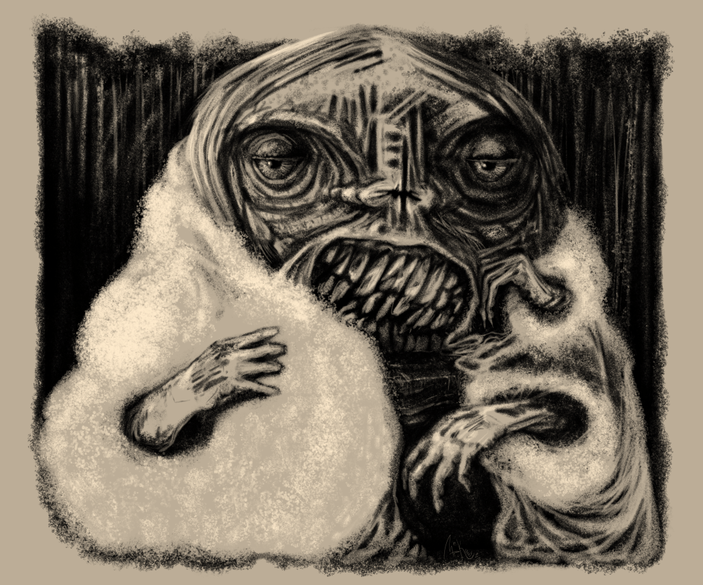 pencil illustration of a decrepit figure with three arms wearing a fur coat