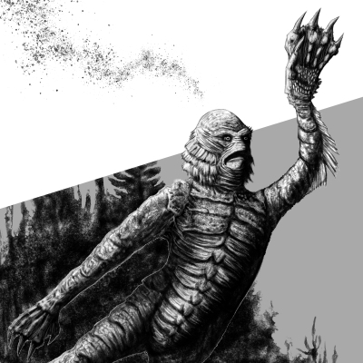 thumbnail of pencil drawing of the gill man