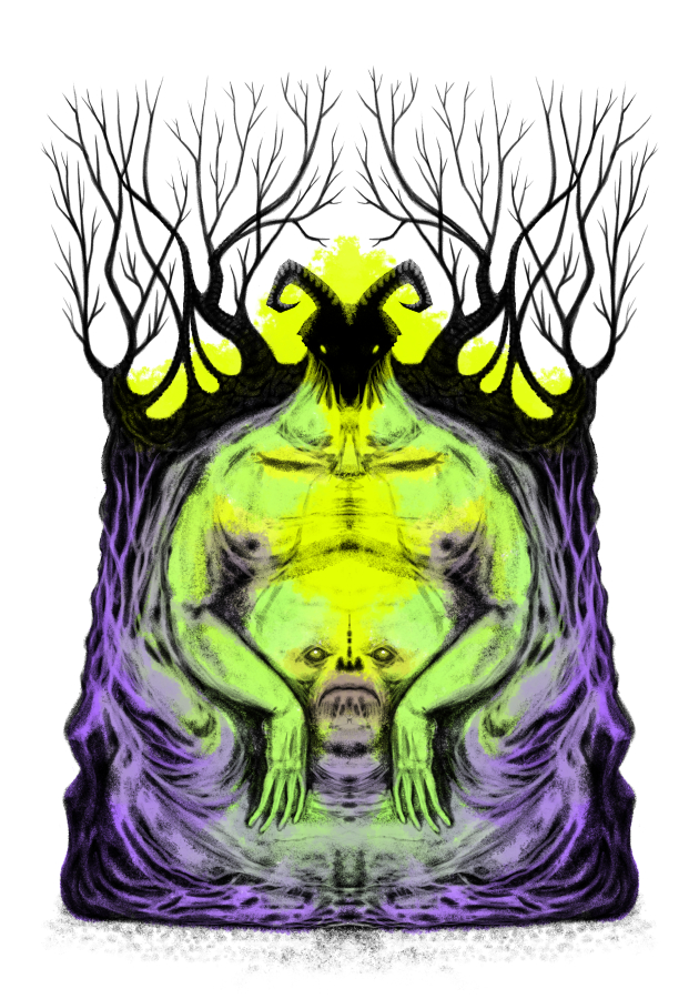 Dark Art illustration of a goat-headed husky man in neon green and purple, sitting in a throne that he is melting into. His bulbous belly has an angry face and the top of his throne sprouts bare intertwined tree branches.