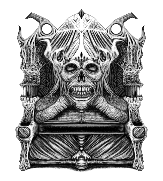 fine art pencil illustration a horned mummified skull sits on a throne, it is intricately carved with natural organic details by dark artist m r kessell