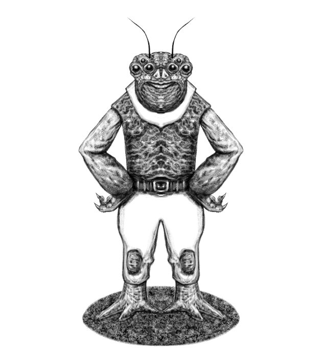 sci fi pencil illustration of a bug-like amphibian alien humanoid