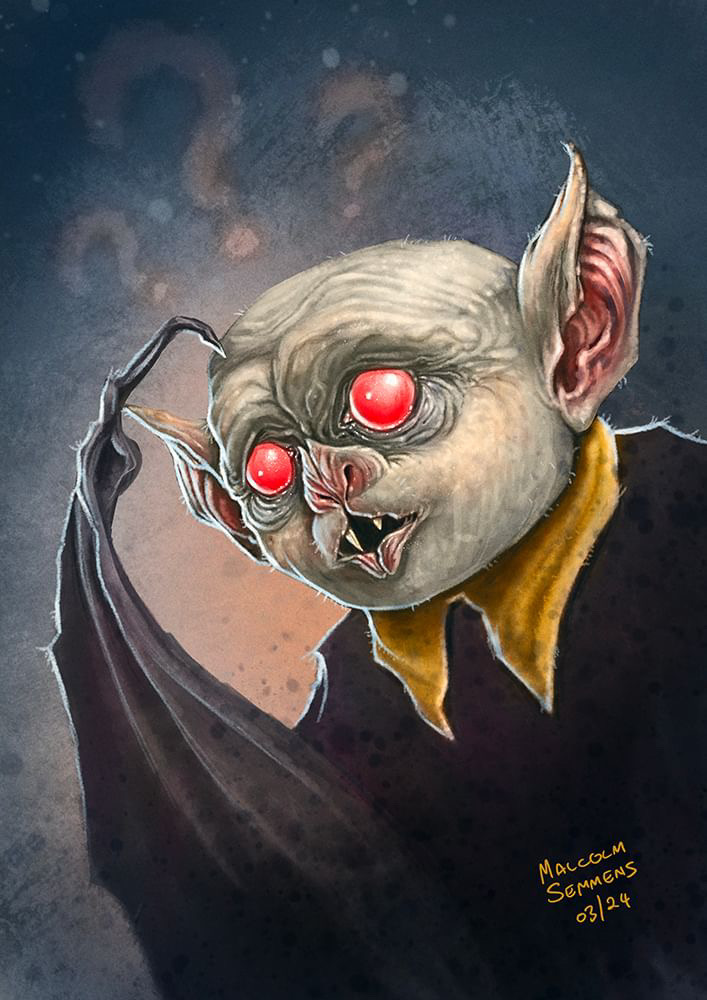 a realistic rendered painting of Batboy scratching his head and pondering the universe