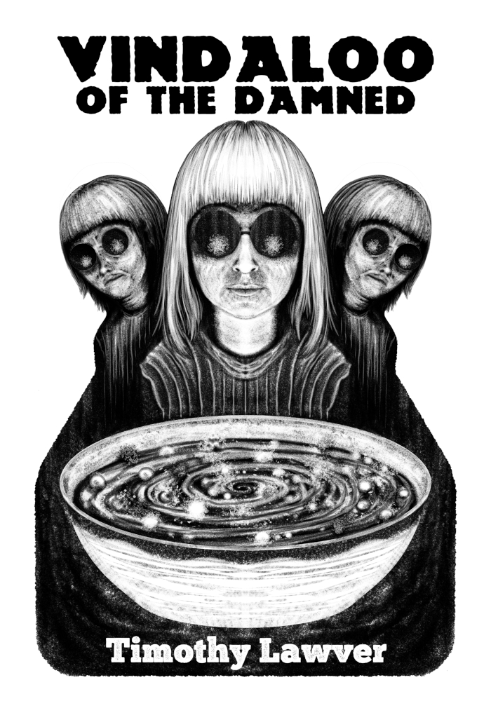 book cover illustration showing three nearly identical children with sunglasses hovering over a swirling bowl of vindaloo