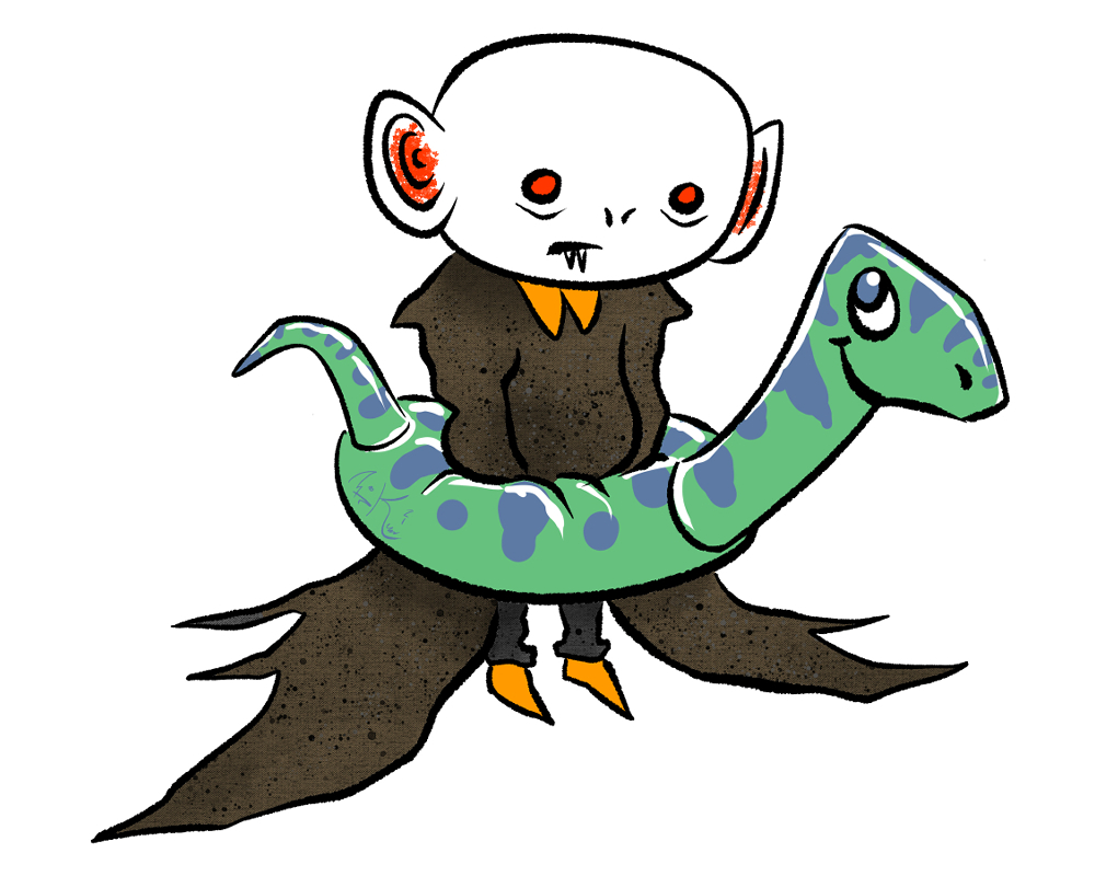 Cartoon bat boy stands awkwardly with wings pinned inside a cute dinosaur pool floaty