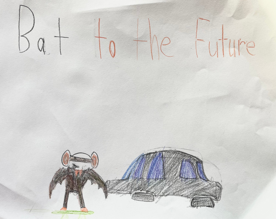 crayon drawing of batboy from the future with wrap-around glasses and a flying car