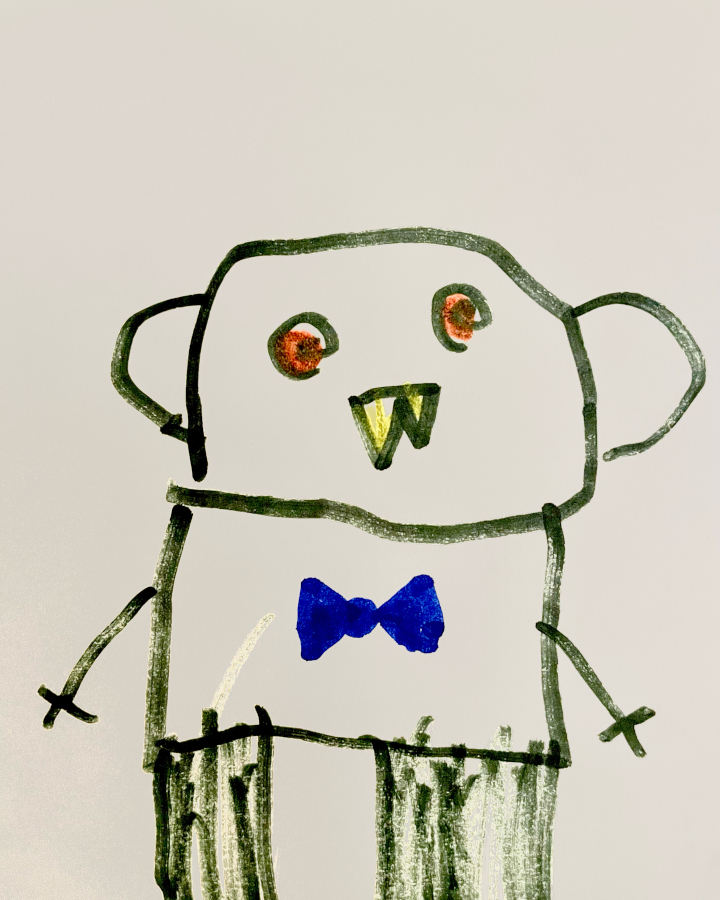child's marker drawing of a cute bat boy with a bow tie