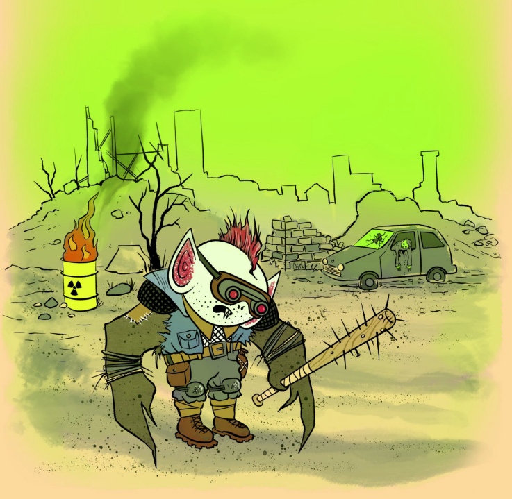 Batboy stands awkwardly holding a soiky baseball bat, wearing post a apocalyptic wardrobe in front of a toxic ruinous landscape