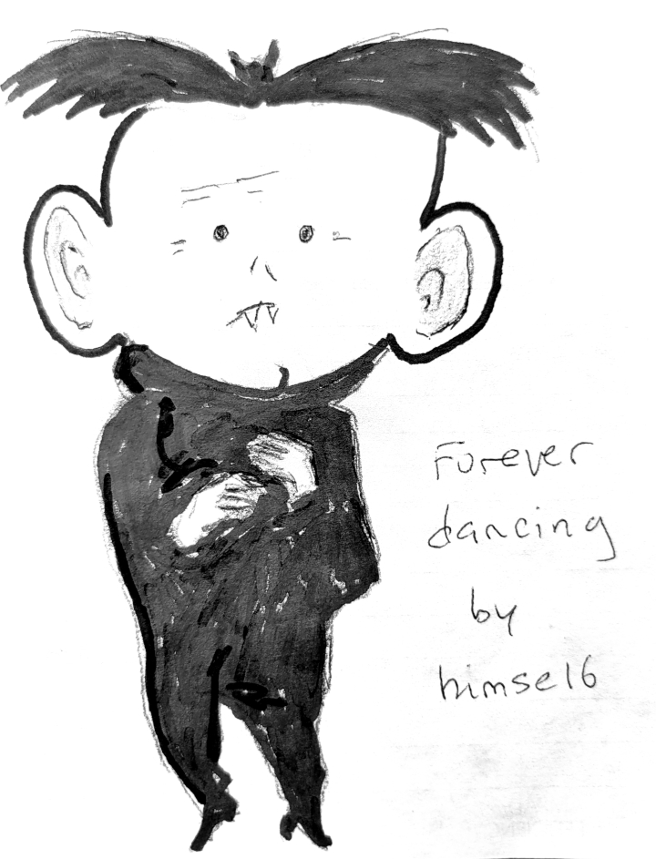 batboy drawn in black ink as a goth with a sculpted bat hairstyle