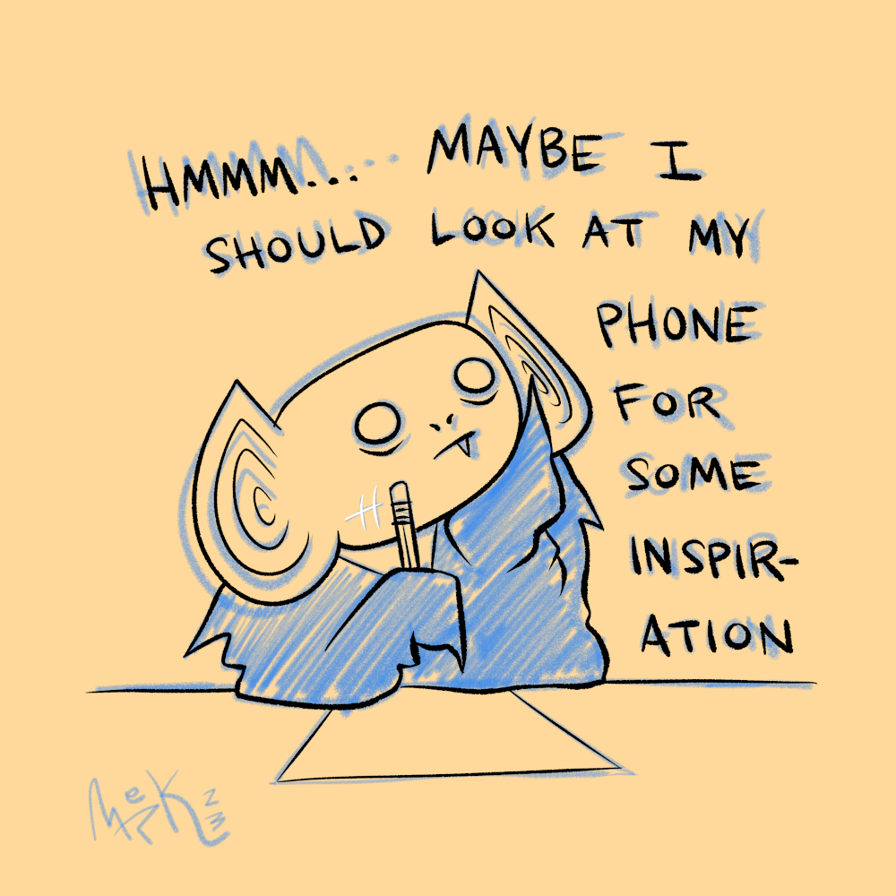 Comic in which Batboy sits at desk with pencil and blank paper caption reads: "Hmmm ... Maybe I should look at my phone for some inspiration."