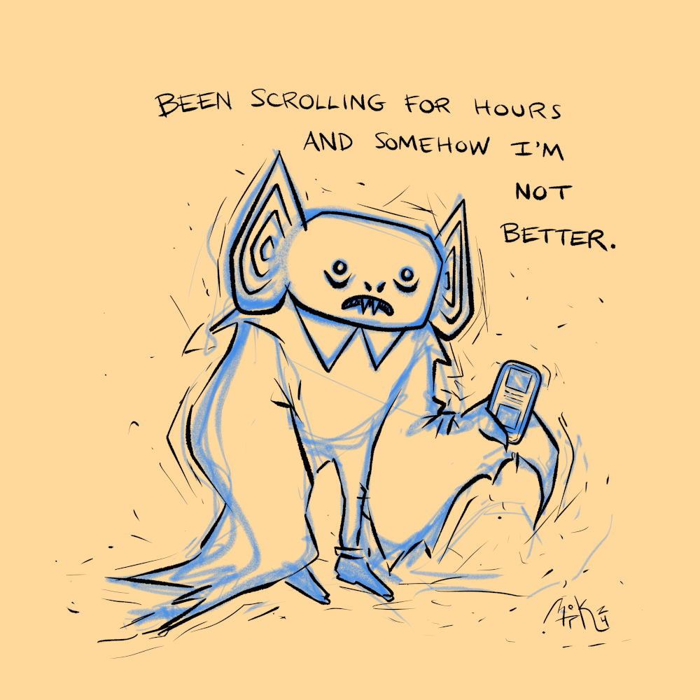 Comic in which Batboy is drawn sketchy in pencil and ink, he looks flustered as he holds his phone. The caption reads: "Been scrolling for hours and somehow I'm not better."