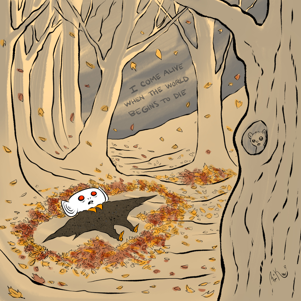 comic drawing of a bat boy lying in a pile of orange and red leaves in the woods