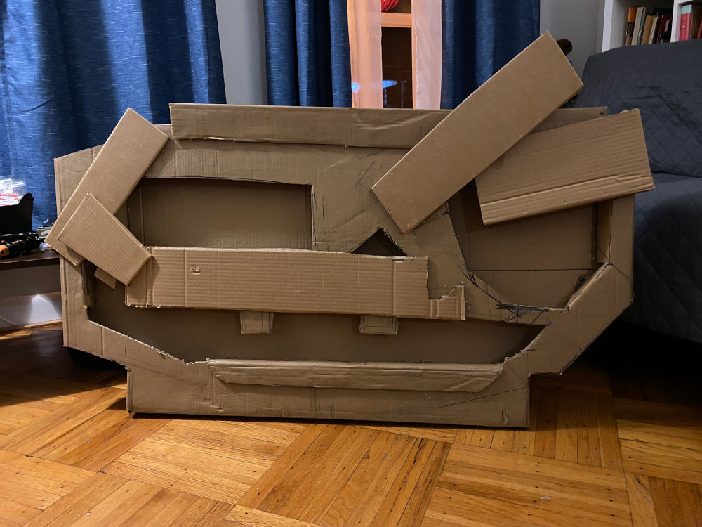 cardboard box with cutouts for Floory's eyes and mouth