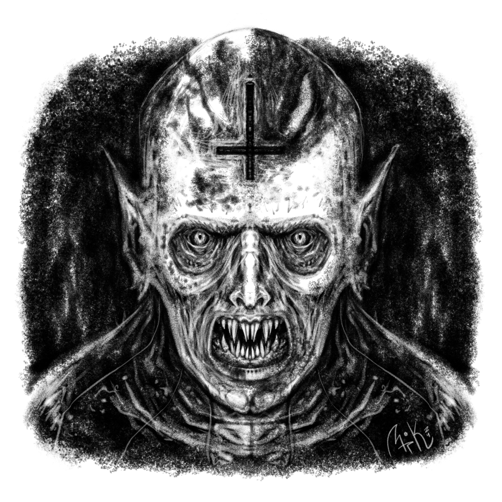 black and white pencl drawing of a nosferatu style vampire with a burned crucifix shape in its forehead